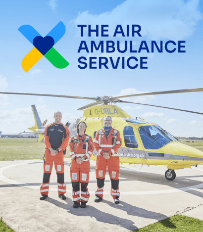 The Air Ambulance Service branding with crew and helicopter