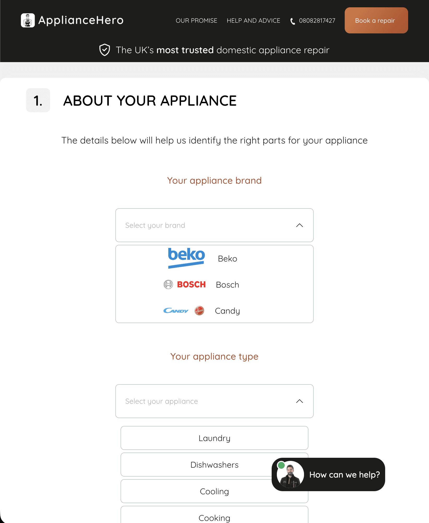 Appliance Hero booking flow