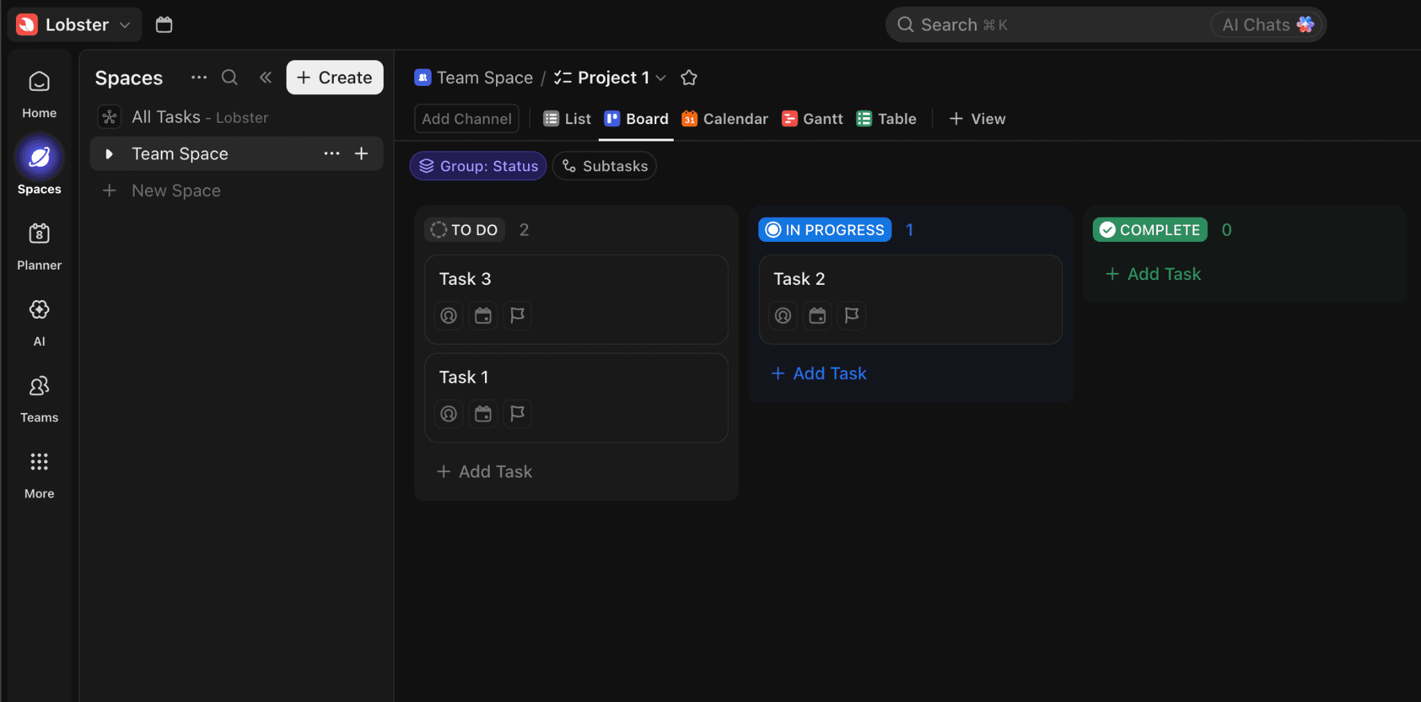 ClickUp board showing To Do, In Progress and Complete columns